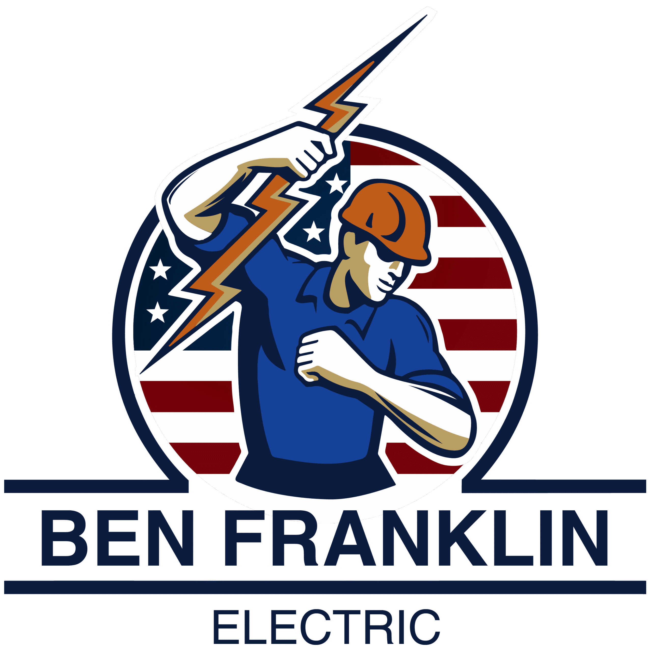 Ben 14-01 Illustration of a worker in a hard hat holding a lightning bolt, with a U.S. flag background and the text "Ben Franklin Electric" below.